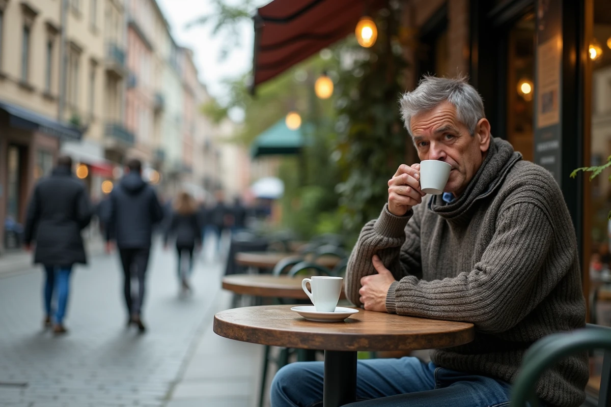 Homme assis à un café flottant avec ville jungle en arrière-plan
