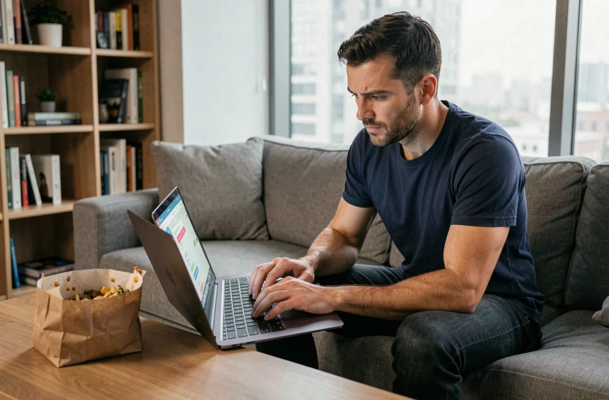 Homme utilisant le chat en ligne du service client Uber Eats sur ordinateur pour obtenir un remboursement rapide