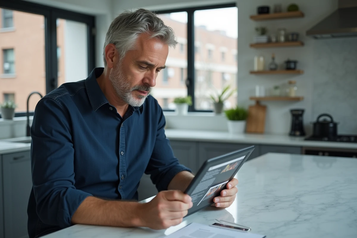 Homme consultant un document scanné sur tablette dans une cuisine moderne, représentant le téléchargement et la lecture en ligne de fichiers numériques