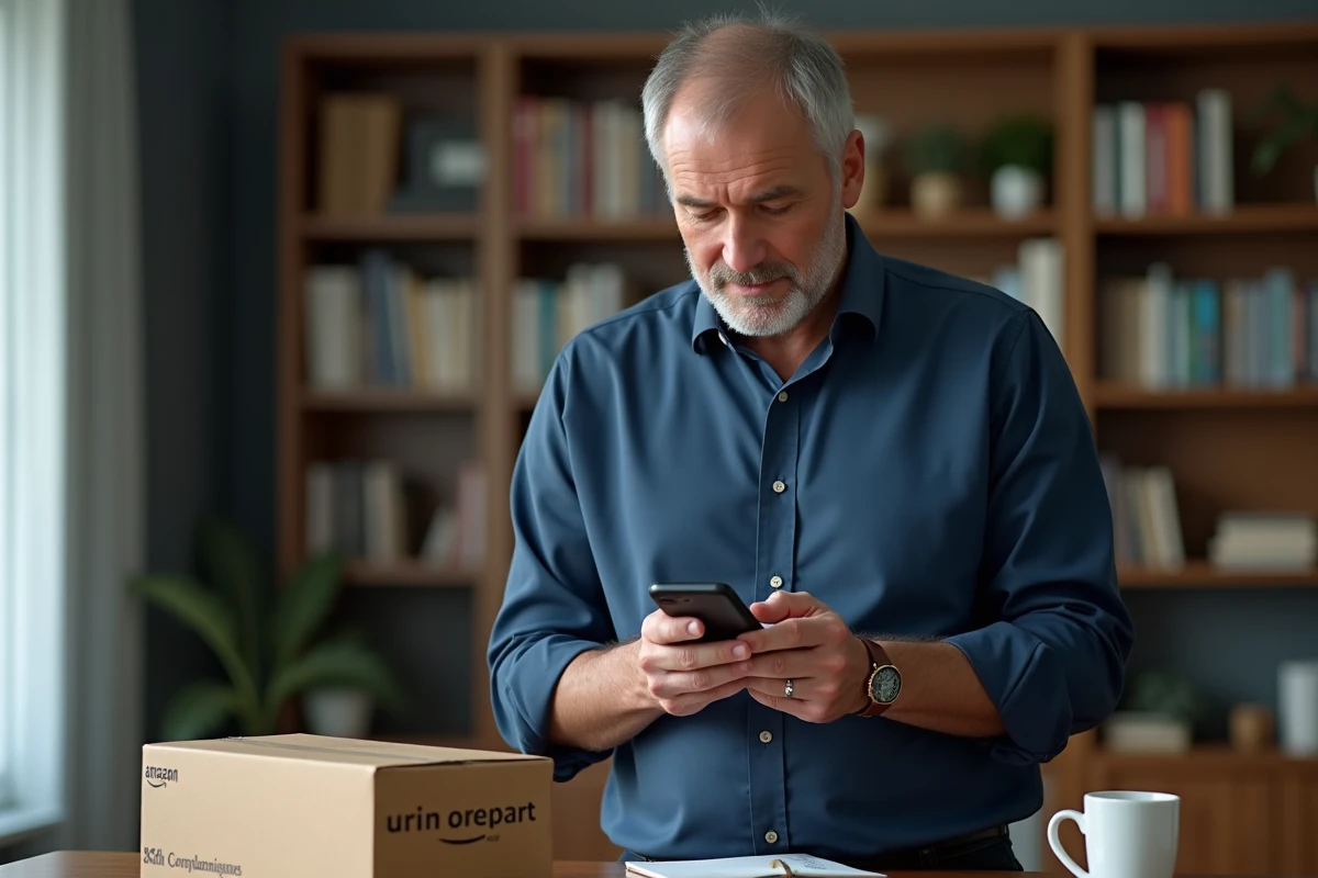 Homme consultant le numéro de téléphone Amazon service client sur son smartphone face à un colis livré avec erreur