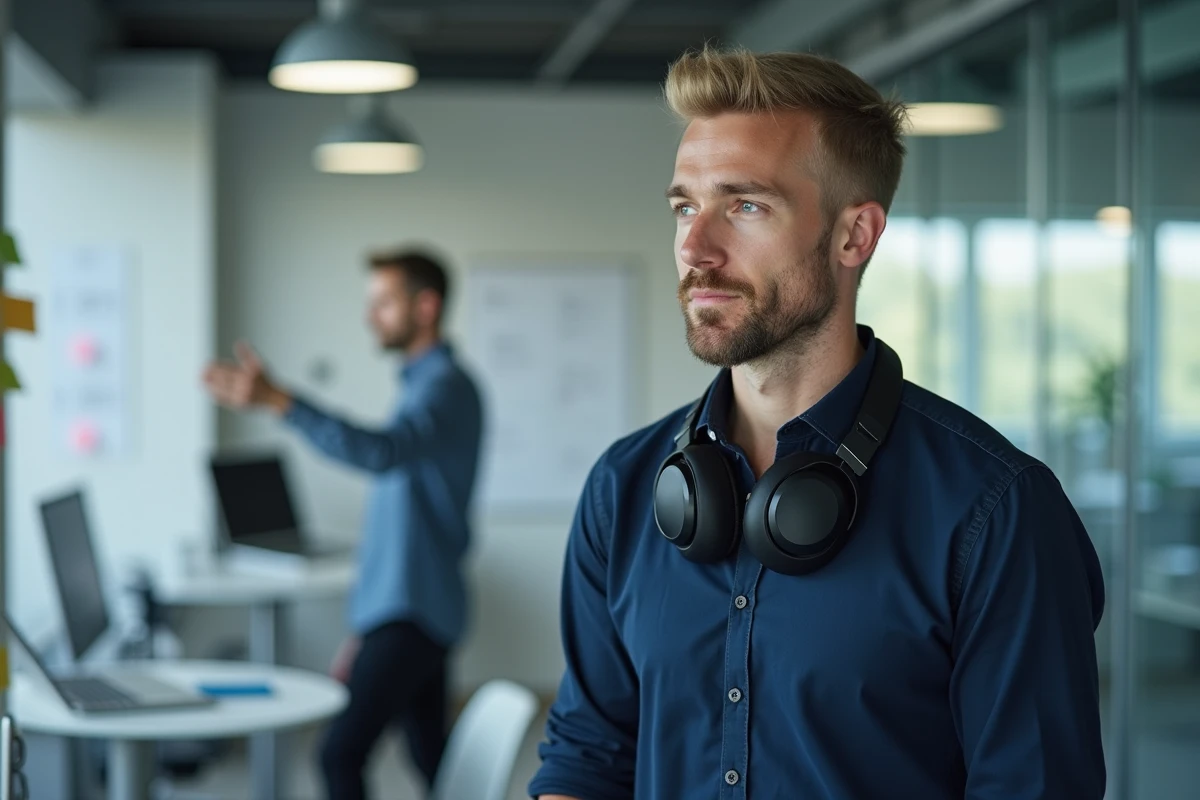 Homme distrait dans un bureau moderne semblant entendre sans vraiment écouter son collègue