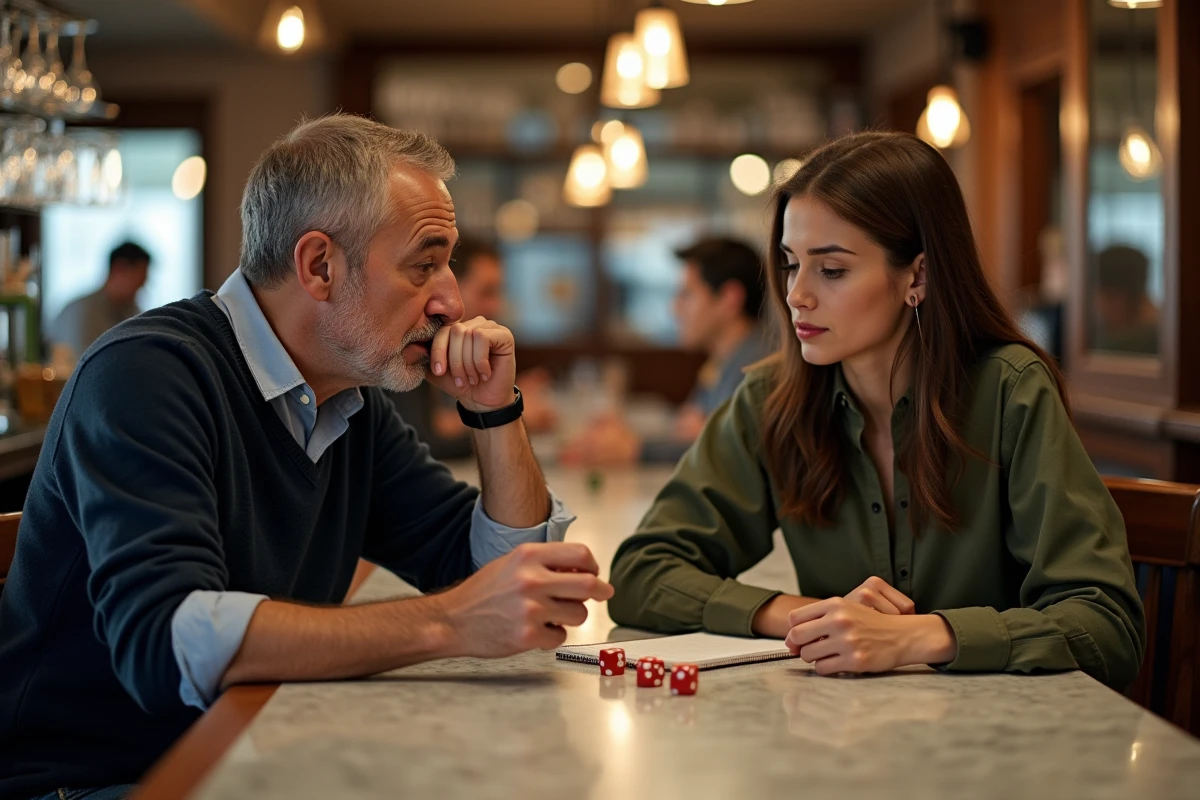 Homme explique les règles du jeu de dés 421 à une jeune femme au bar
