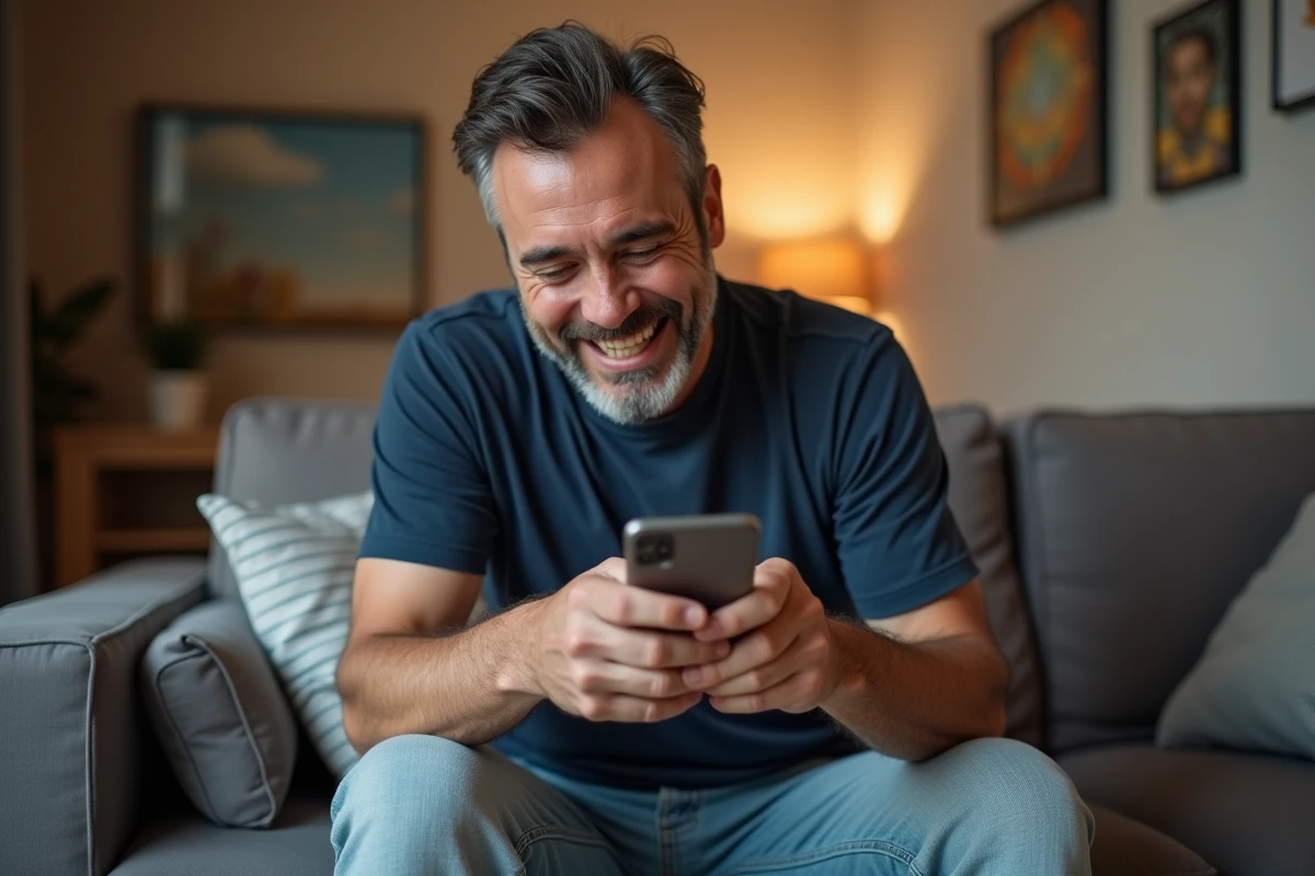 Homme qui rit en regardant des GIFs d'anniversaire rigolos sur son smartphone dans son salon