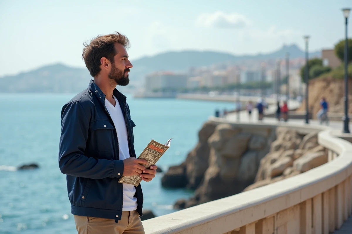 Homme consultant un guide des quartiers de Marseille sur la Corniche Kennedy face à la mer