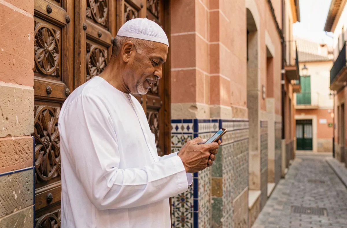 Homme consulant les horaires de salat sur son téléphone devant une mosquée à Valence, Espagne