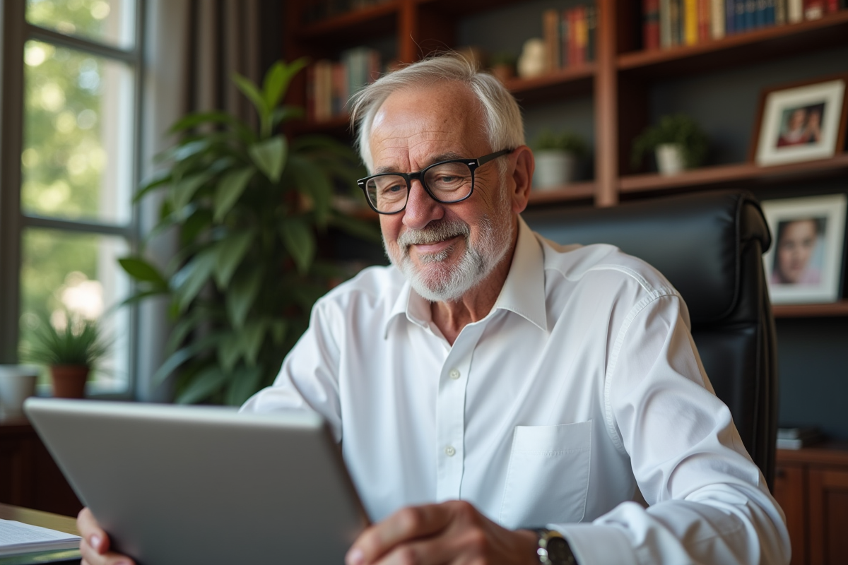 Homme âgé lisant sur une tablette dans un bureau à la maison