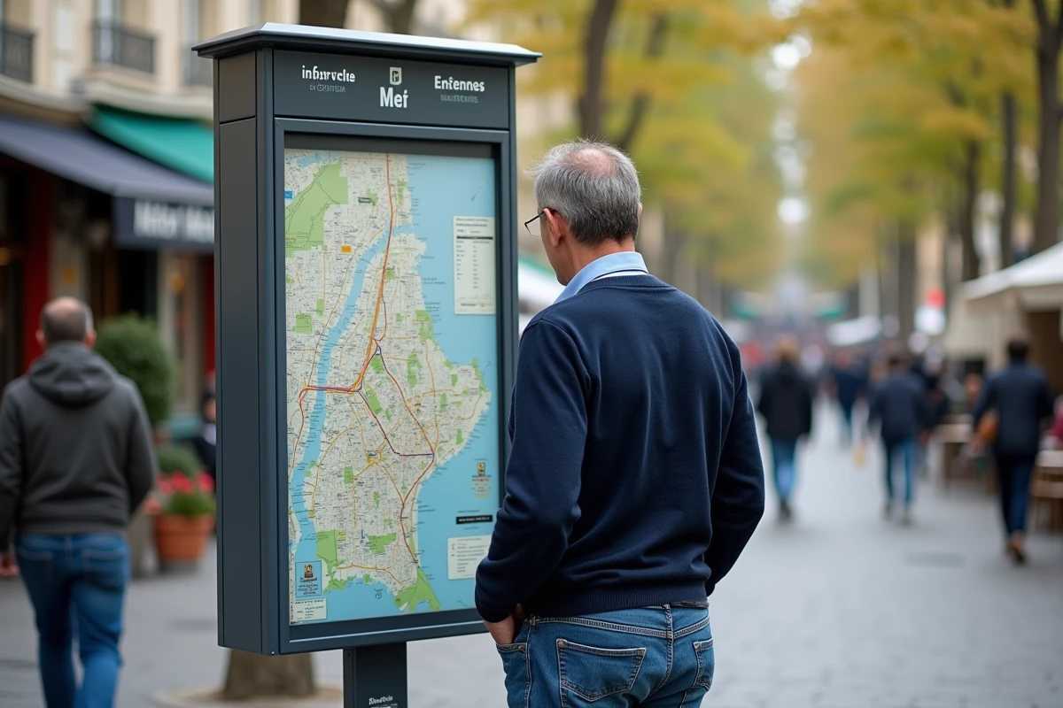 Homme regardant une carte près d une station de métro