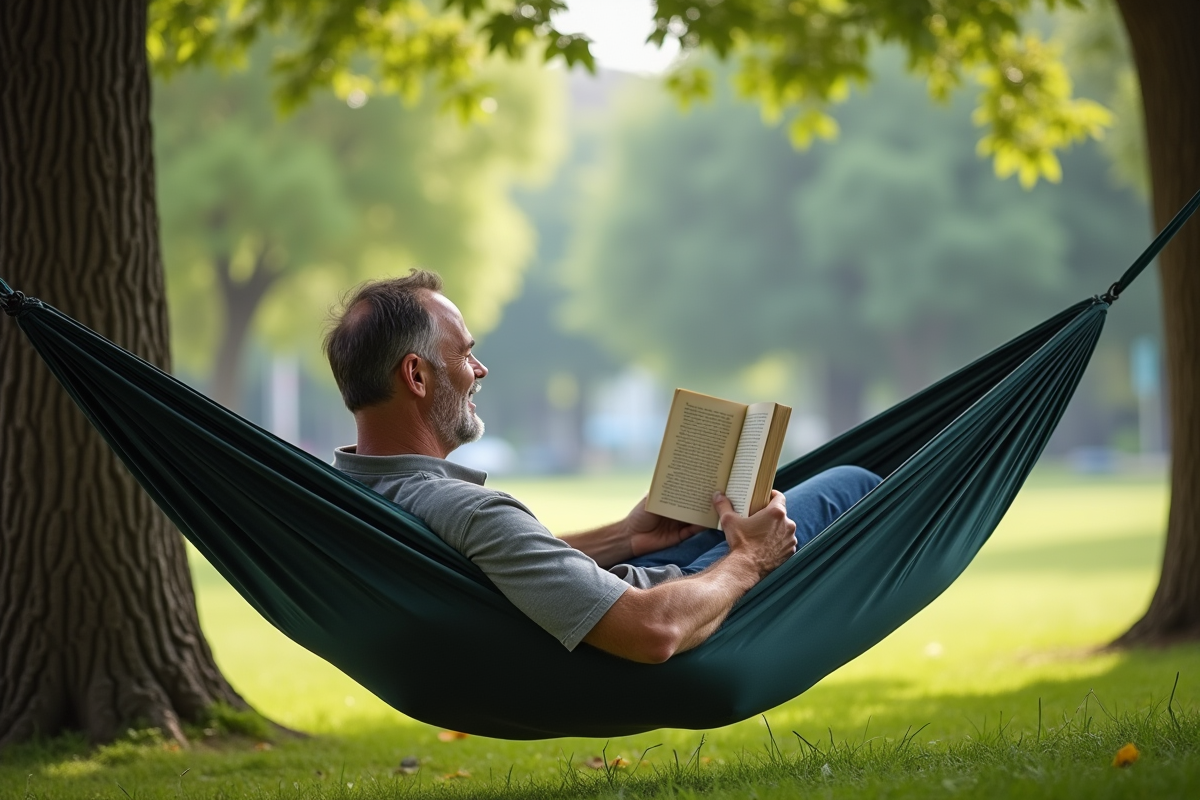 Homme lisant dans un hamac sous les arbres dans un parc
