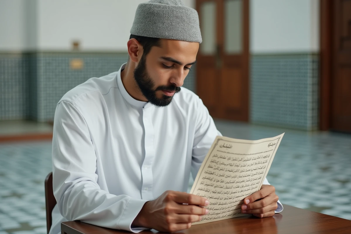 Jeune homme lisant la douaa istikhara en arabe et en phonétique français dans une mosquée, feuille bilingue posée sur une table