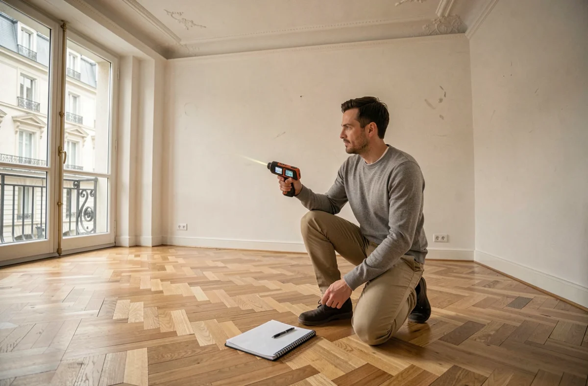 Homme mesurant la superficie d'un appartement vide au laser dans un appartement haussmannien parisien