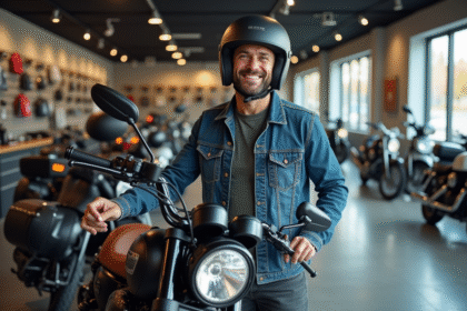 Homme souriant en veste en denim et casque moto à Dax