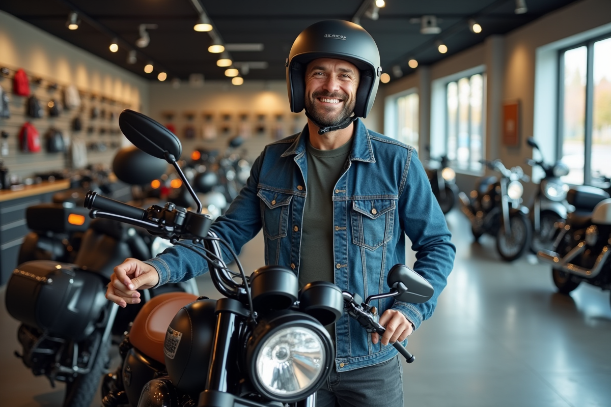 Homme souriant en veste en denim et casque moto à Dax