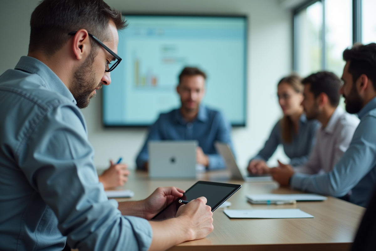 Homme prenant des notes sur une tablette lors d