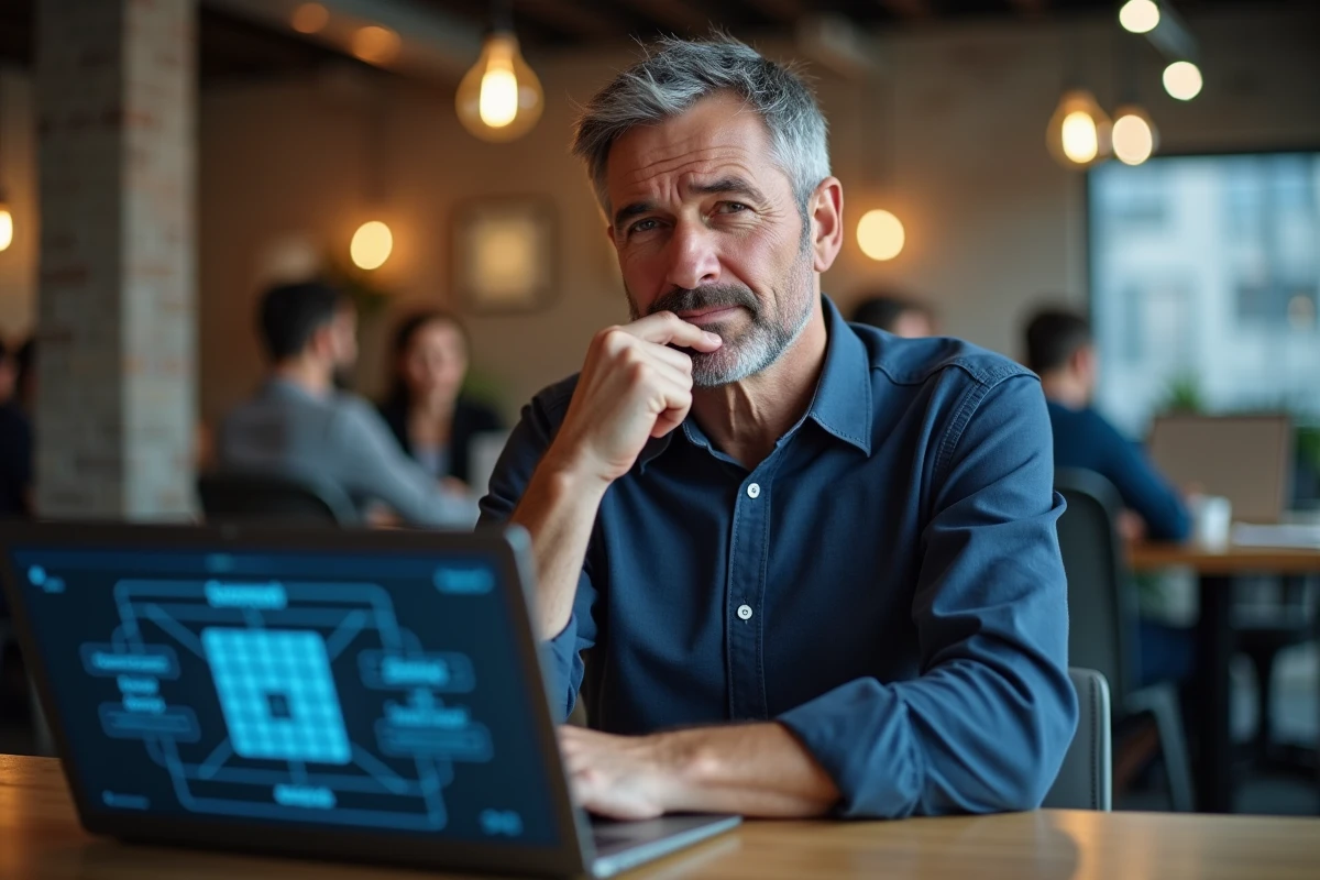 Homme perplexe face à un jeu du pendu difficile sur ordinateur portable dans un espace de coworking