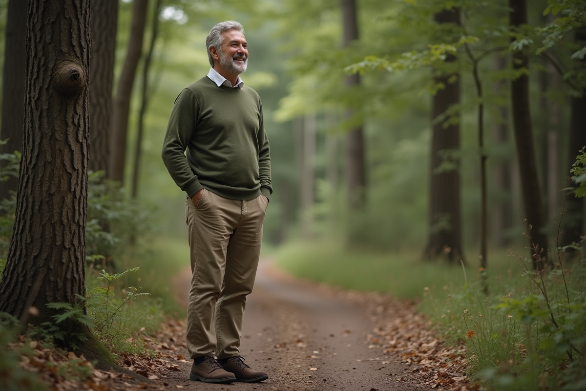 Homme en sweater olive marche en forêt paisible