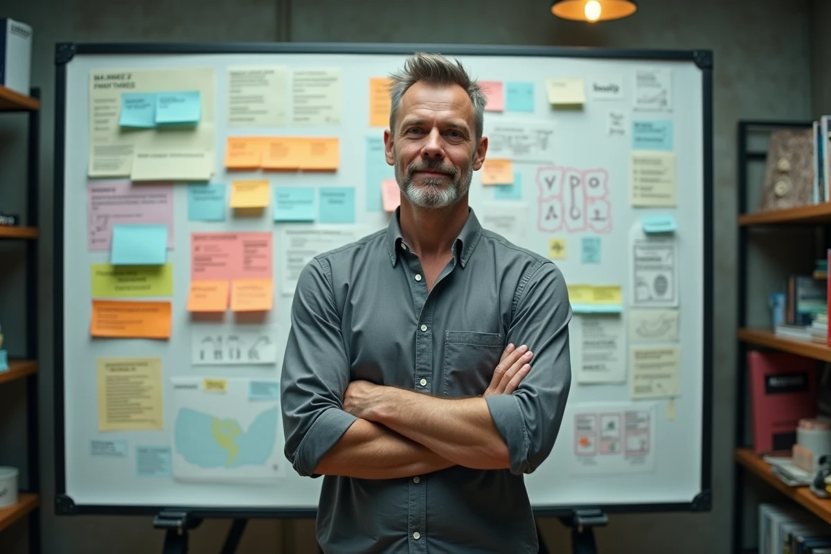 Homme en train de construire sa stratégie de marque personnelle devant un tableau de travail créatif