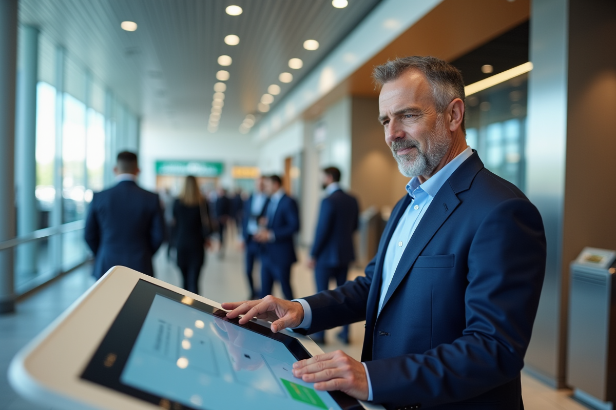 Homme en costume interactant avec un kiosque digital dans la banque