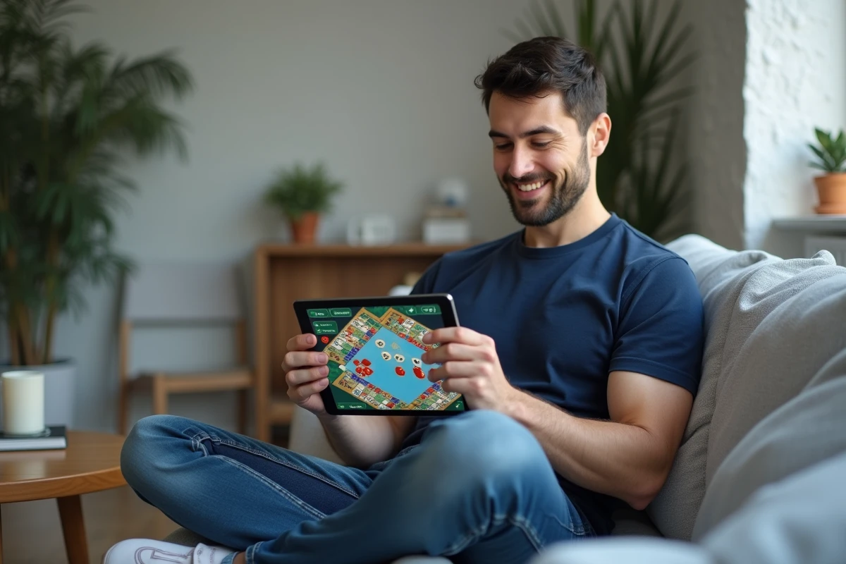 Homme sur canapé jouant à Monopoly GO sur tablette pour collecter des liens gratuits selon un calendrier 2026
