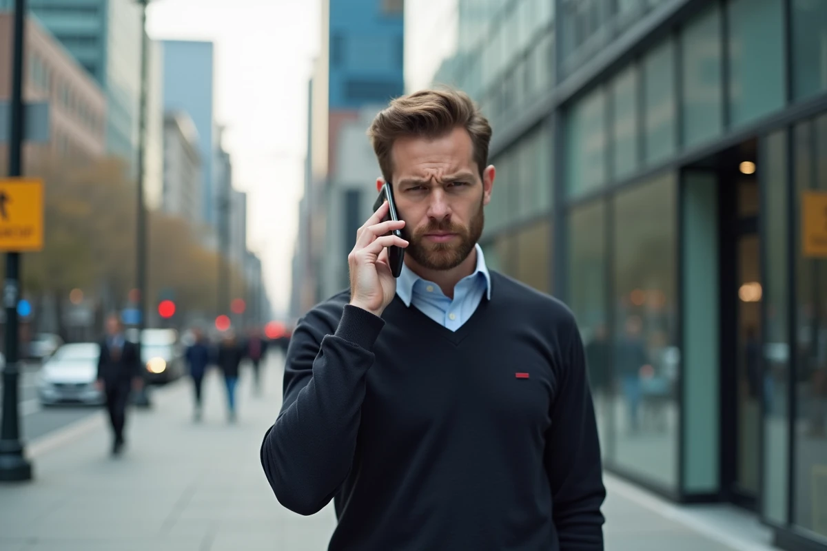 Jeune homme parlant au téléphone dans une rue urbaine animée