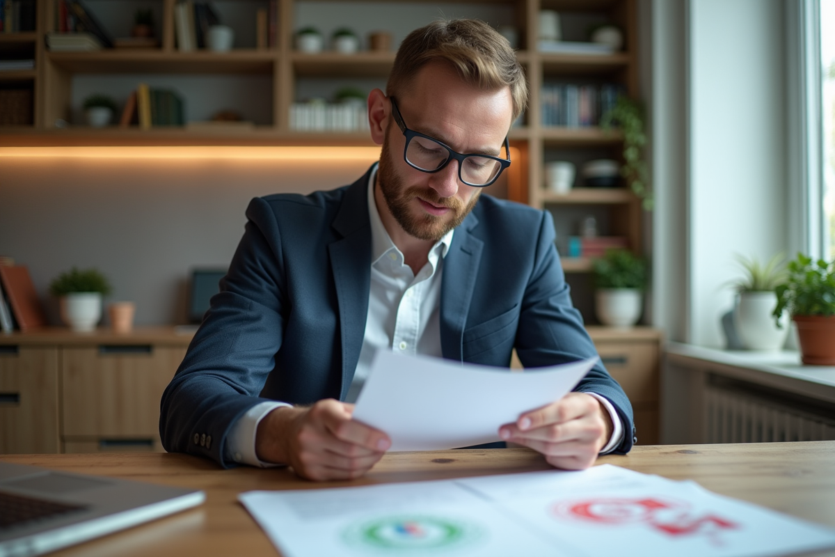 Homme en bureau international examine documents officiels