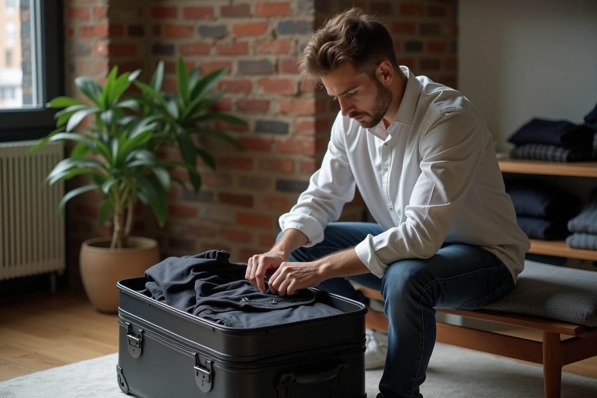 Jeune homme pliant des vêtements dans une valise dans un studio urbain