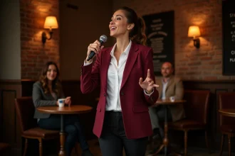 Humoriste française sur scène dans un club de comédie parisien, micro en main, expression expressive et assurée