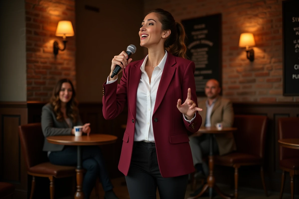 Humoriste française sur scène dans un club de comédie parisien, micro en main, expression expressive et assurée