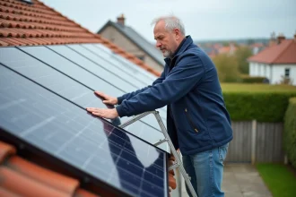 Homme examinant des panneaux solaires sur un toit en Normandie