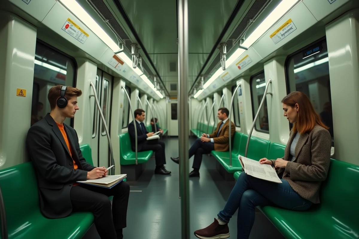 Intérieur d'une rame de la ligne 9 du métro parisien avec des passagers assis lors d'un trajet