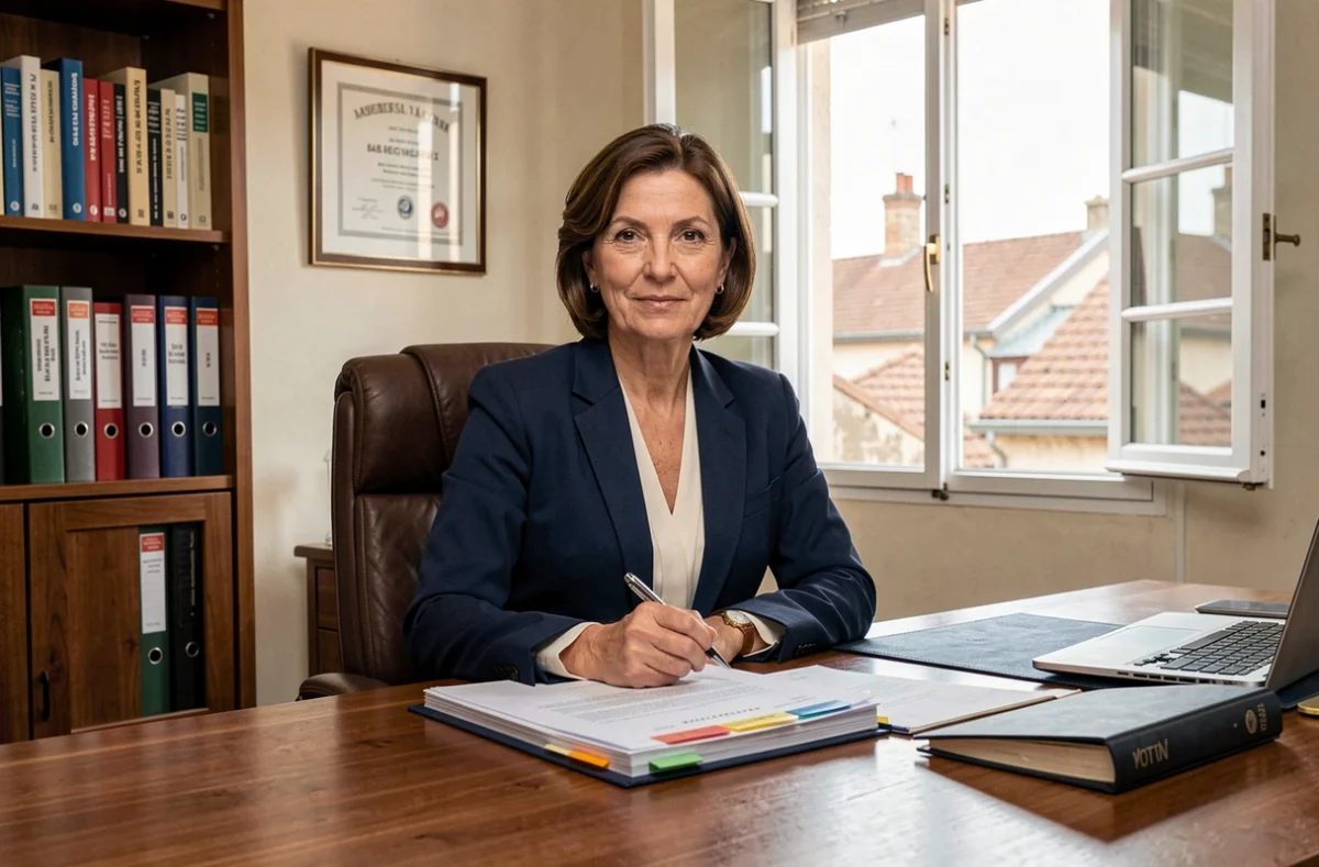 Avocate en droit familial et commercial assise à son bureau dans son cabinet établi à Mâcon, regardant la caméra avec assurance