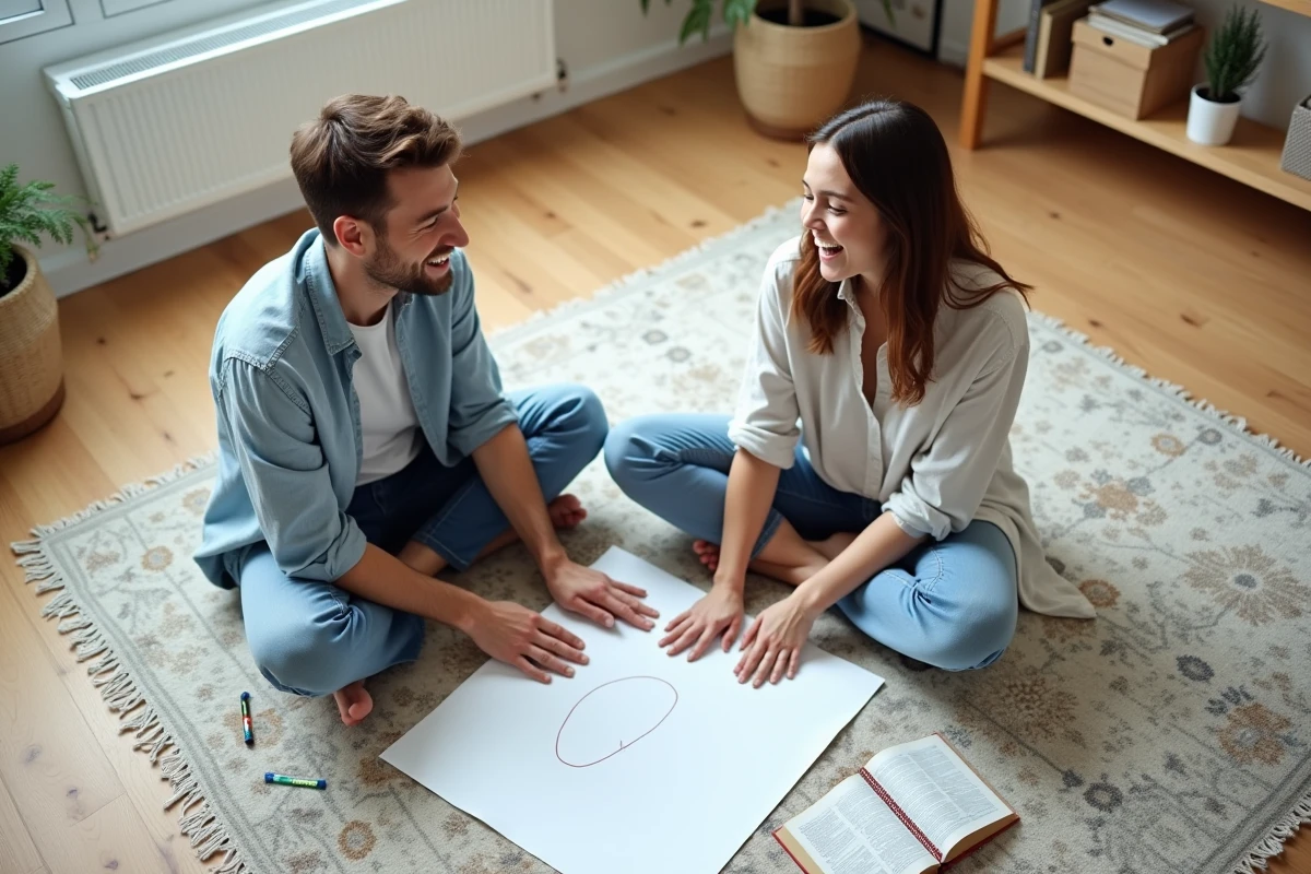 Deux adultes jouant ensemble au pendu avec des mots complexes sur une feuille de papier dans un salon scandinave moderne