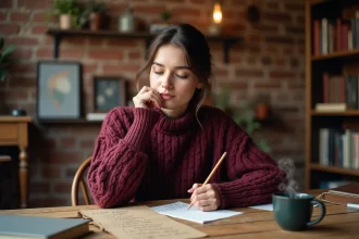 Jeune femme concentrée jouant au jeu du pendu avec des mots compliqués en français, assise à une table en bois rustique avec des notes manuscrites