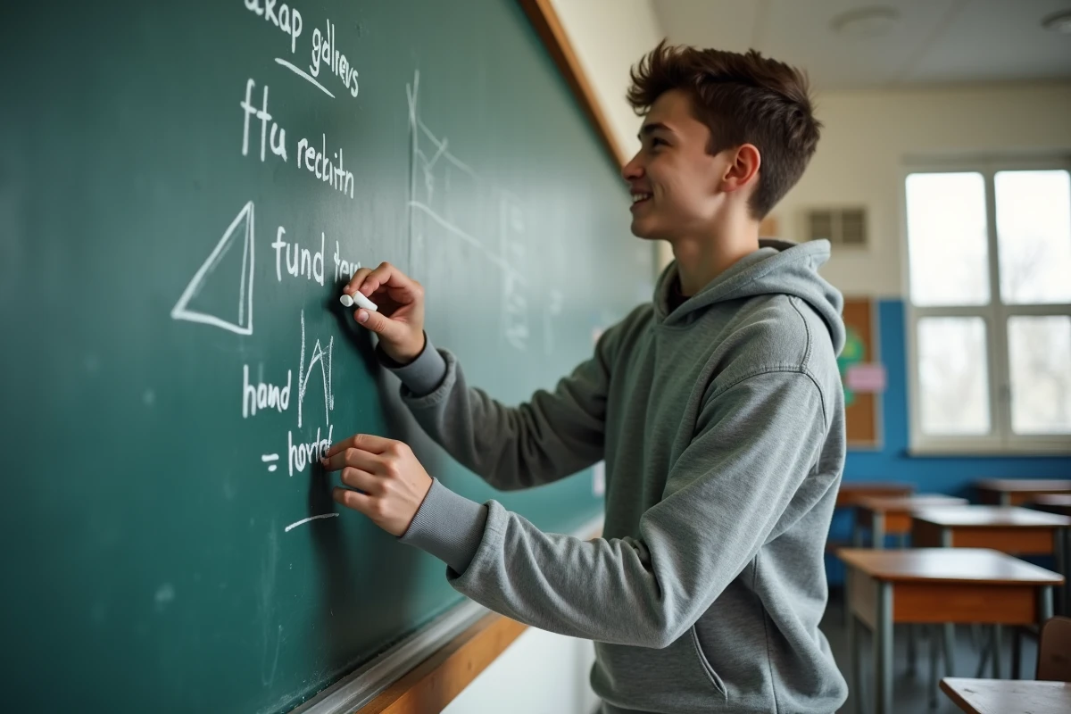 Adolescent écrivant des mots difficiles au tableau noir pour une partie de pendu dans une salle de classe moderne