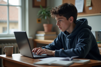 Jeune adolescent concentré sur son ordinateur à la maison