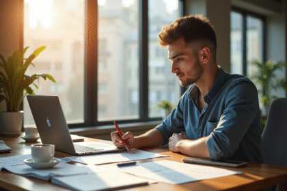 Jeune entrepreneur au bureau lumineux avec matériel de travail