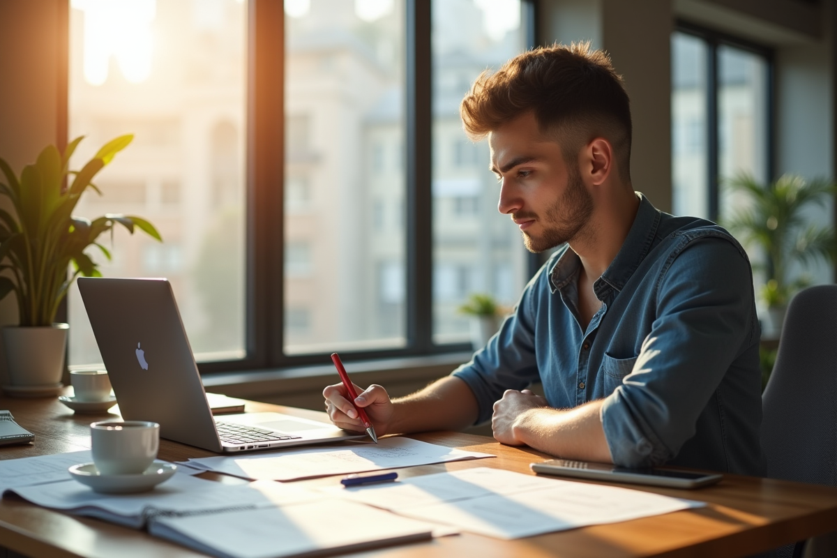 Jeune entrepreneur au bureau lumineux avec matériel de travail