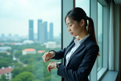 Jeune femme d'affaires à Singapour regardant sa montre