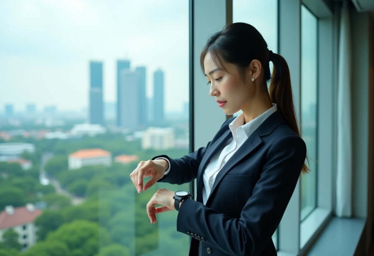 Jeune femme d'affaires à Singapour regardant sa montre
