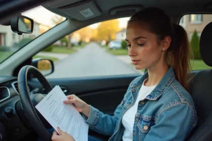 Jeune femme dans une voiture vérifiant documents d'assurance