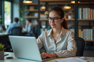 Jeune femme au bureau utilisant un ordinateur pour traduction