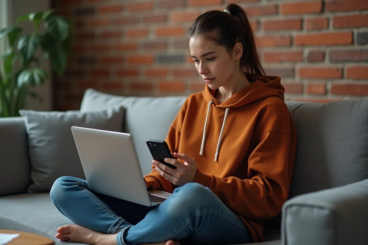 Jeune femme sur son canapé consultant le service client Amazon en ligne et par téléphone pour résoudre un problème de commande