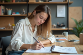Jeune femme en train de dessiner des designs dans un studio moderne