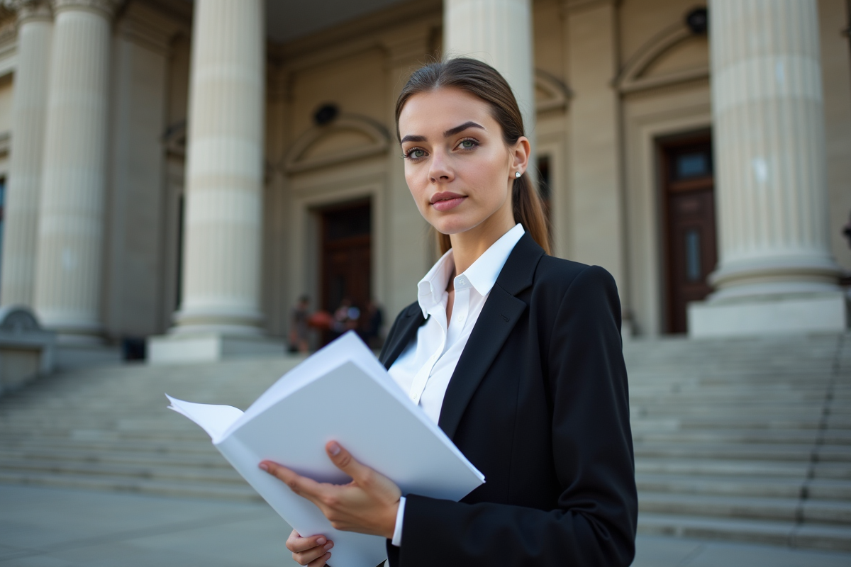 Jeune étudiante en droit devant le tribunal
