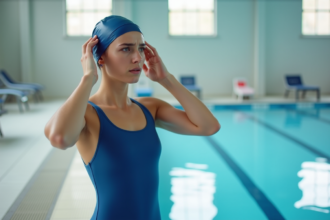 Jeune femme en maillot bleu ajustant son bonnet à la piscine