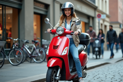 Jeune femme en ville sur scooter rouge 50cc