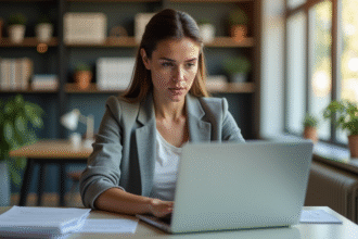Jeune femme concentrée sur son ordinateur lors d'une formation en ligne