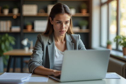 Jeune femme concentrée sur son ordinateur lors d'une formation en ligne