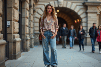 Jeune femme en denim vintage et baskets urbaines