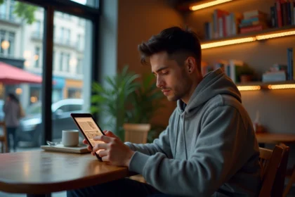 Jeune homme lisant un manga sur tablette dans un café urbain