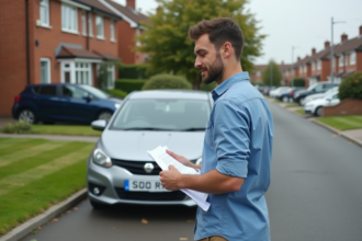 Jeune homme lisant documents d'assurance voiture devant sa voiture